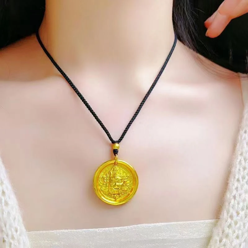吊坠足银 吊坠足银厚包工艺双面黄财神吊绳圆牌挂坠送礼古法金色