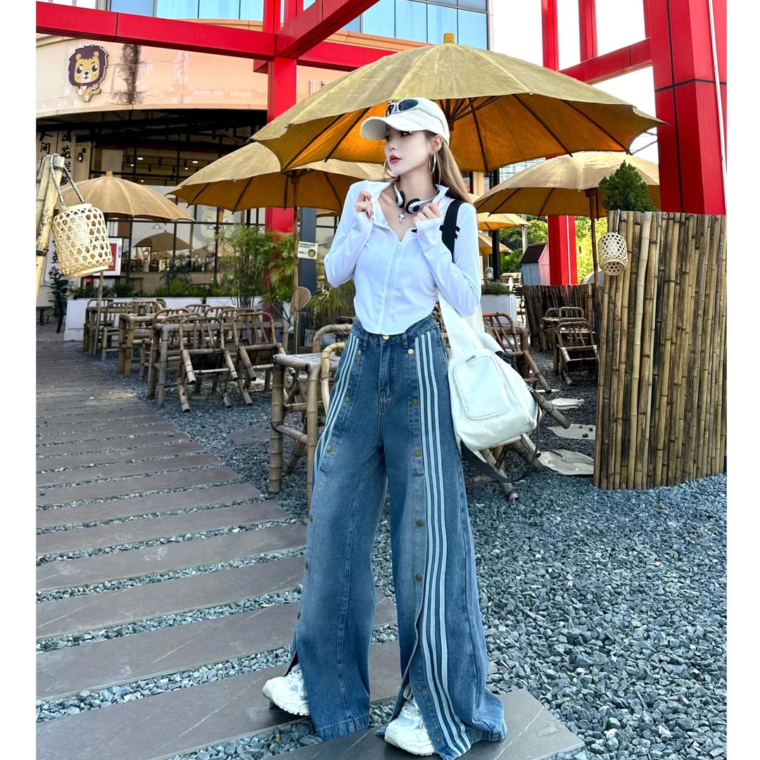 SOOM显瘦高腰时尚百搭秋季小众宽松蓝色秋季设计感阔腿牛仔裤#835