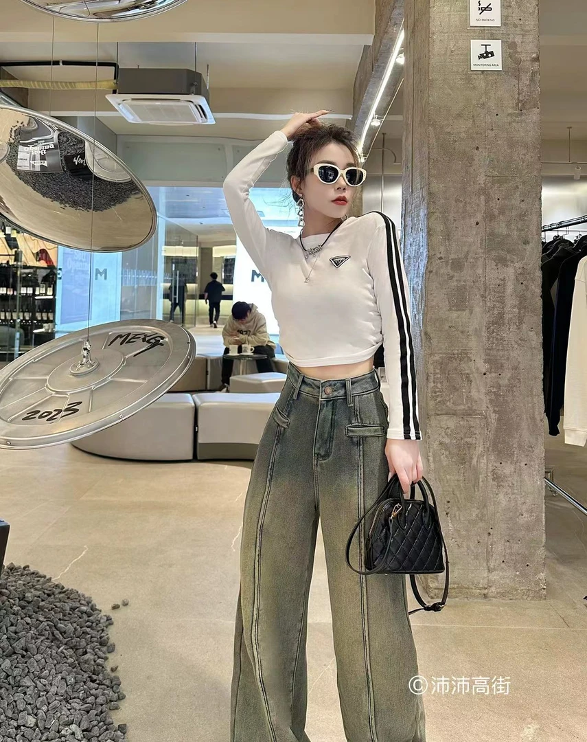 设计感显瘦高腰时尚休闲宽松小个子夏季复古小众炸街阔腿裤#808