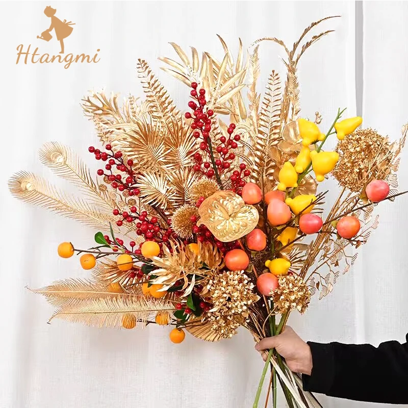 【汉唐美】金色福桶配件新年年宵花仿真花叶子金掌摆件装饰客厅布置