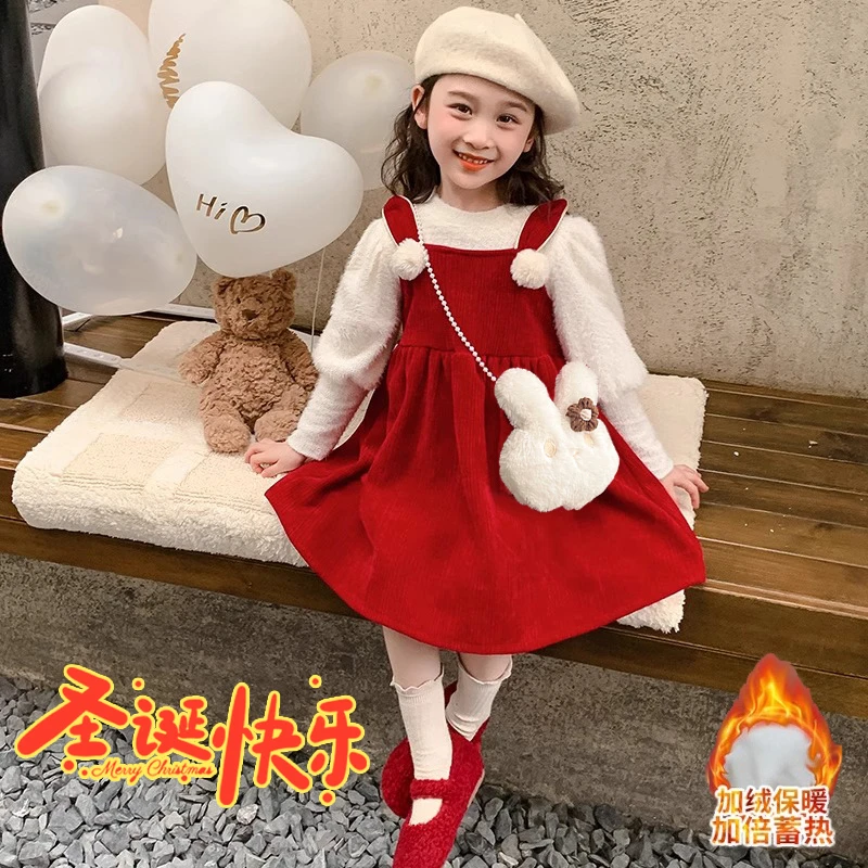 女童连衣裙两件套冬款加绒保暖拜年服圣诞节儿童套装裙中国风爆款