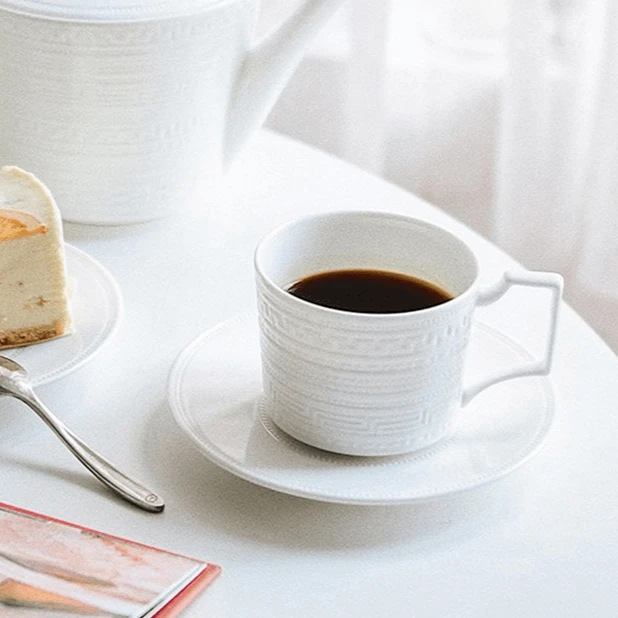 咖啡杯欧式杯碟骨瓷桌面家用出口杯子纯白浮雕陶瓷茶杯水杯红茶杯