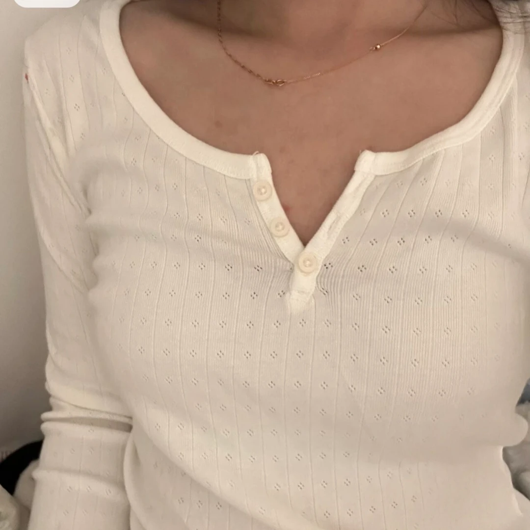 bm美式修身长袖T恤三粒扣露肚脐上衣brandy新款zelly镂空打底衫女