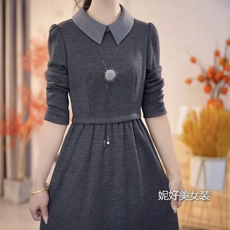 高档加绒加厚磨毛精纺连衣裙2024冬季新款洋气修身中长款过膝裙子