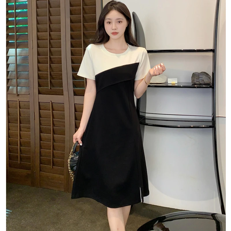 2025夏季新款短袖小黑裙开叉休闲裙圆领拼接假两件A字连衣裙694