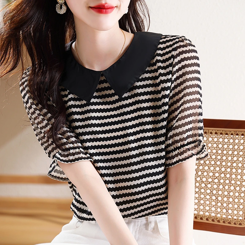 娃娃领条纹短袖衬衫女士夏季2024年新款洋气减龄上衣宽松休闲小衫