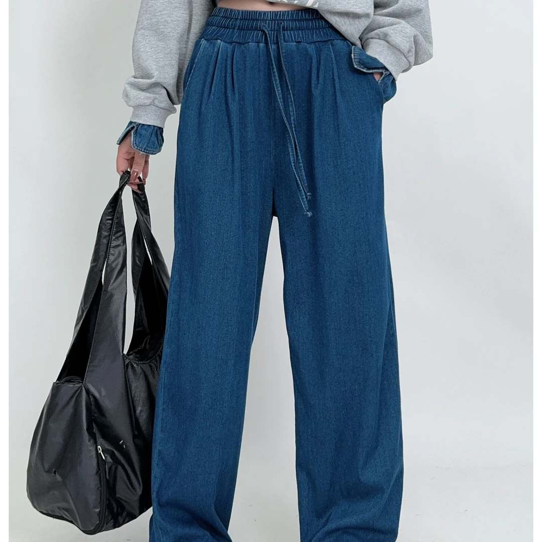 百搭高级感天丝大版显瘦垂感打褶牛仔长裤水洗高腰阔腿裤时尚纯色