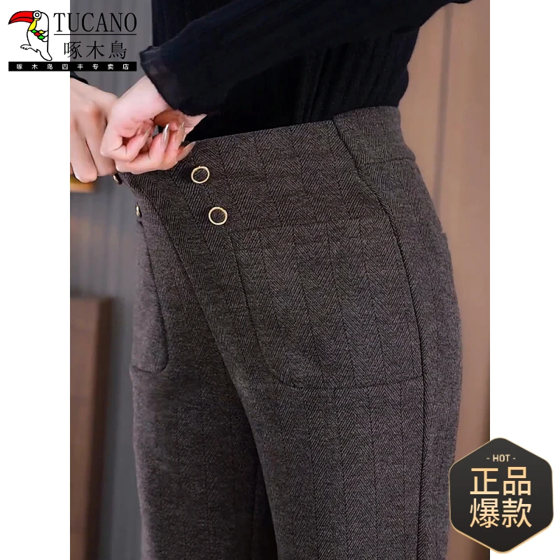 秋冬毛呢微喇叭长裤女高腰显瘦遮肉小个九分加绒加厚呢子裤妈妈裤