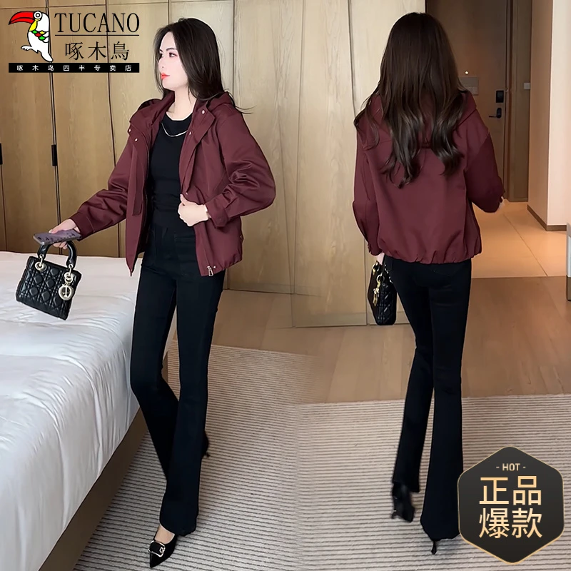 时尚连帽短款风衣外套女2024秋季新款韩版宽松休闲百搭夹克上衣潮