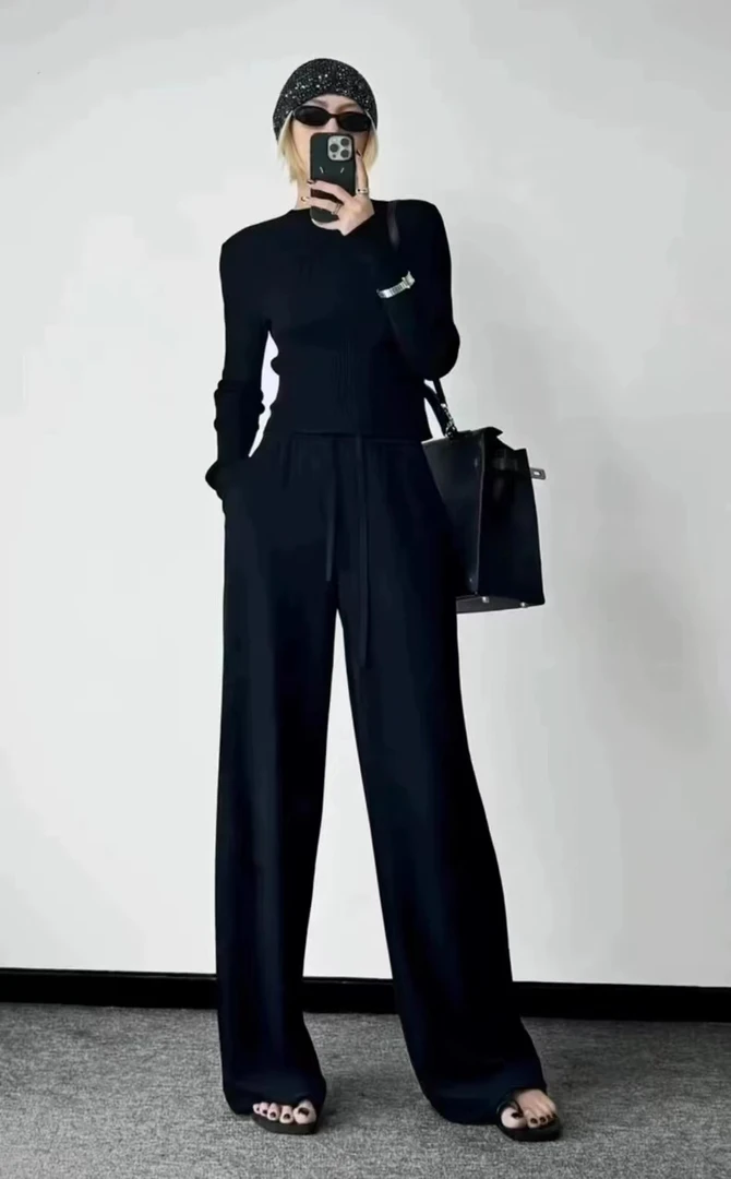 【商场同款】2024春夏新款冰丝宽松休闲垂感显瘦黑色阔腿裤子