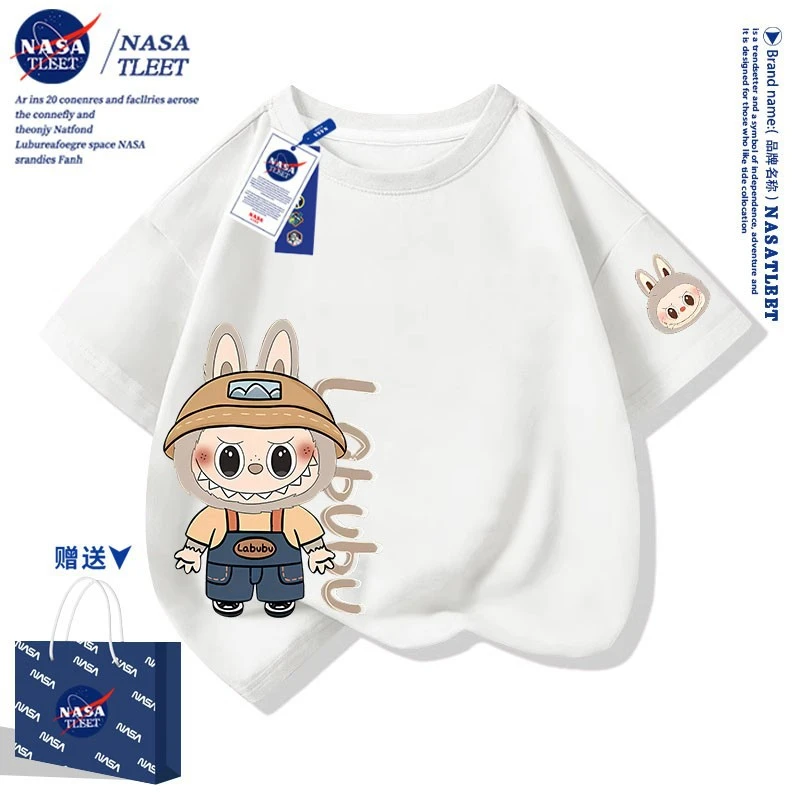 NASA联名夏季中小学生简约纯棉拉布布Labubu时髦短袖新款圆领上衣