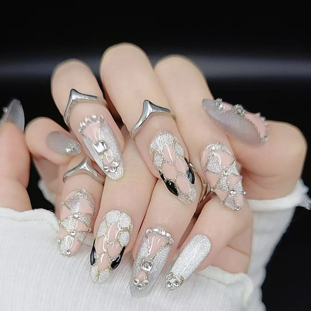 绝美蛇头镶钻穿戴式冰透手工甲时尚简约设计爆闪中长款气质复古