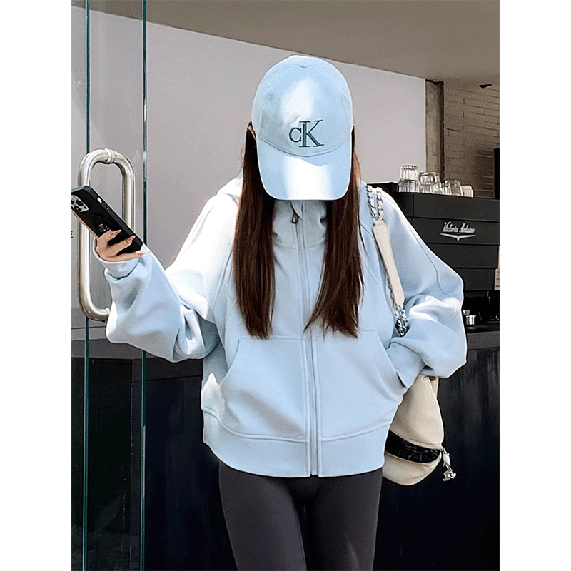 蓝色宽松短款连帽卫衣外套女款春秋爆款2025新款拉链上衣山东即墨