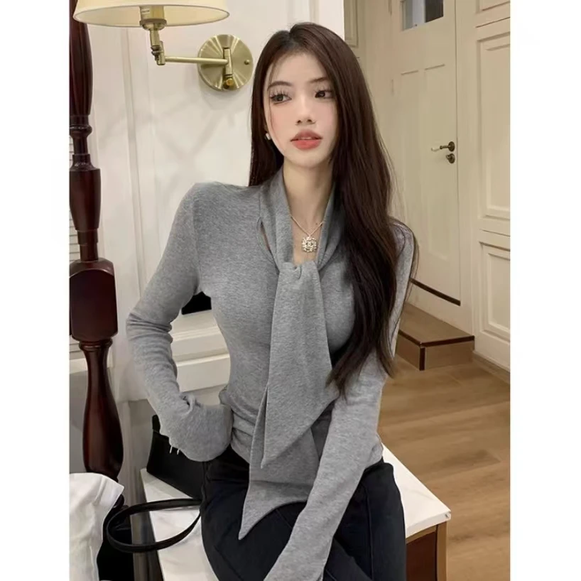 新款秋冬加绒磨毛长袖T恤女设计感绑带内搭打底衫修身不规则上衣