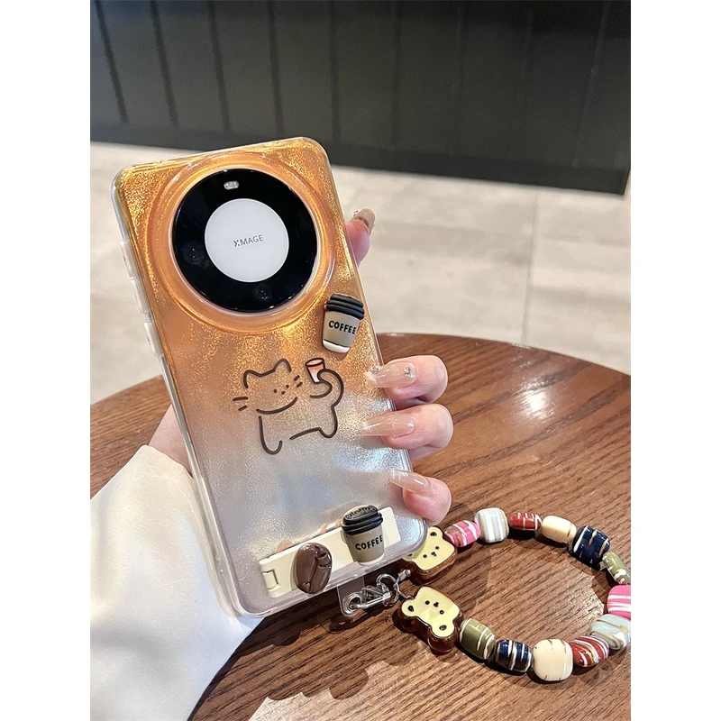 适用华为mate60pro+手机壳Pura70pro晕染立体咖啡小猫p70折叠支架