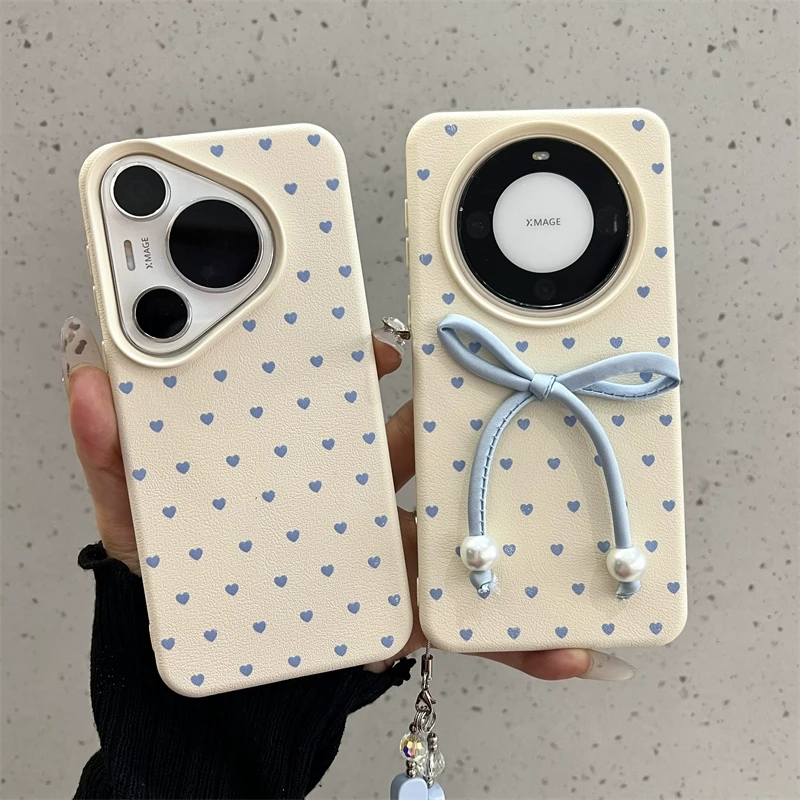 适用华为mate60pro+手机壳pura70pro+奶蓝色珍珠蝴蝶结爱心女款