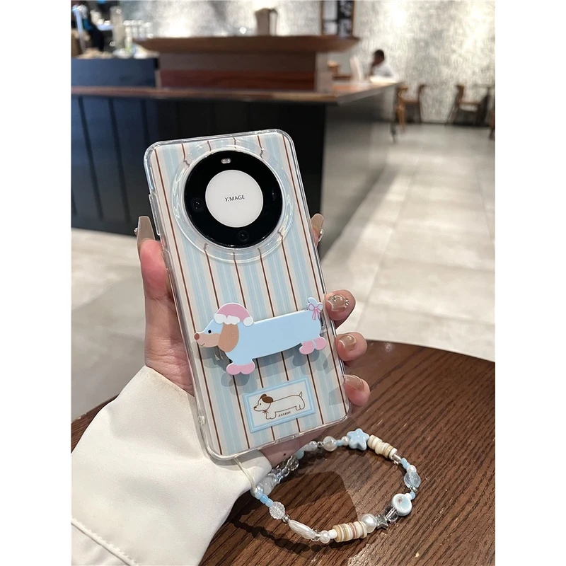 适用华为mate60pro+手机壳蓝咖条纹pura70pro+腊肠狗折叠支架男女