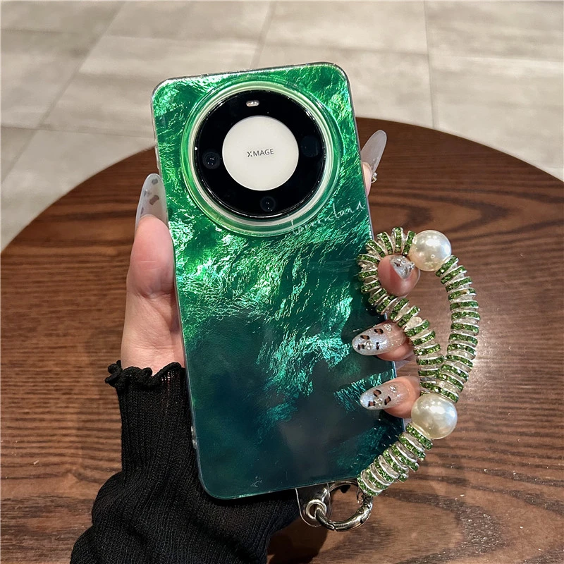 适用华为mate60pro+手机壳pura70pro+高级感复古绿色晕染链条女款