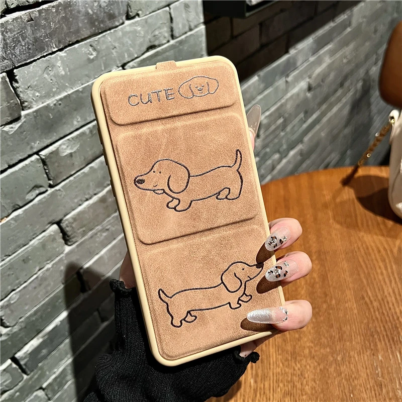 适用华为mate60pro+手机壳皮革线条腊肠狗pura70pro+磁吸翻盖女款