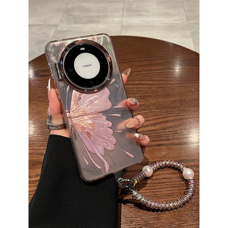 华为mate60pro+手机壳p60pro少女粉羽纱蝴蝶40/50pro高级感链条女