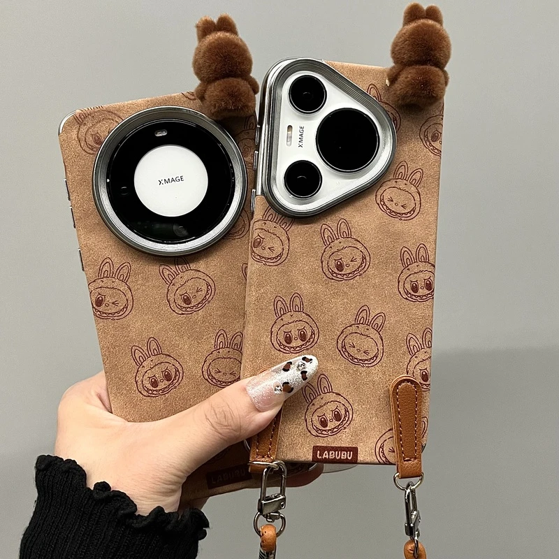 适用华为pura70pro+手机壳mate60pro+秋冬棕色卡通立体毛绒拉布布