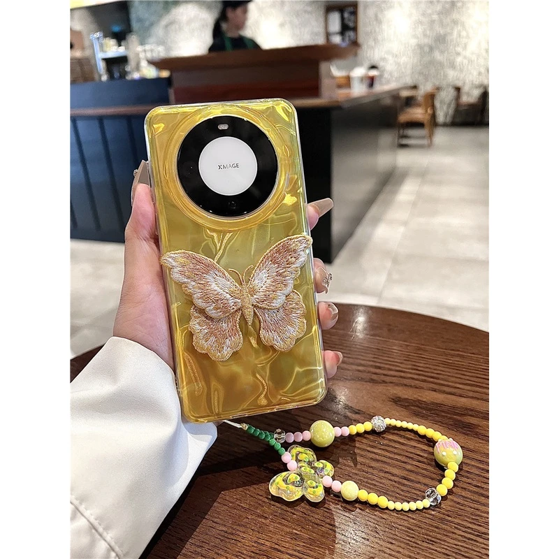 适用华为mate60pro+手机壳pura70pro+金色水波纹立体刺绣蝴蝶结女