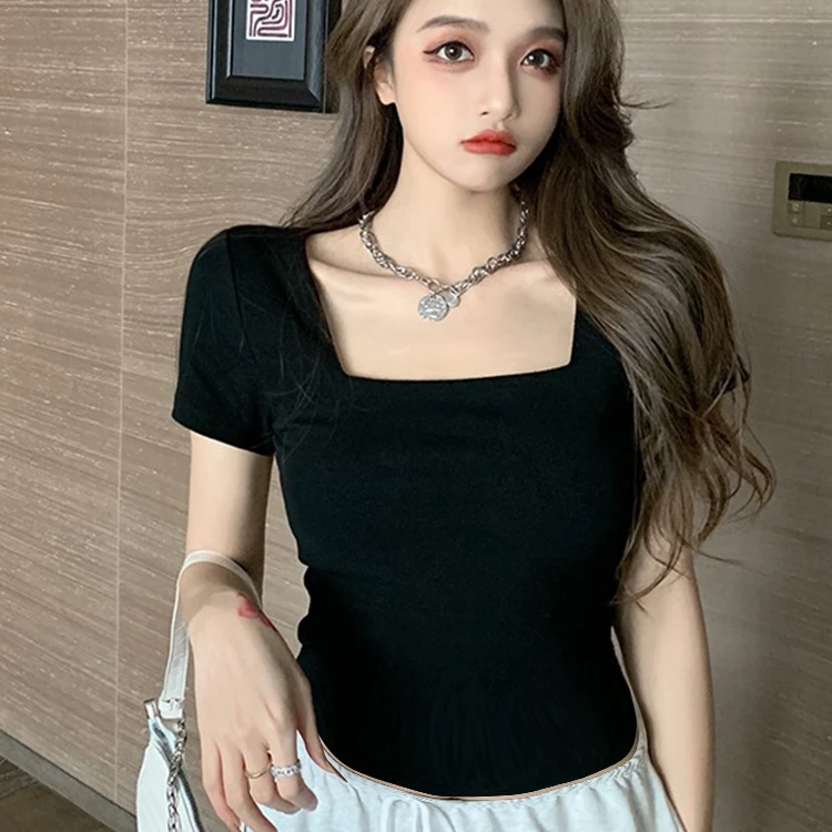 短袖慵懒风黑色t恤女装夏季新款春辣妹时尚方领法式禅意紧身上衣