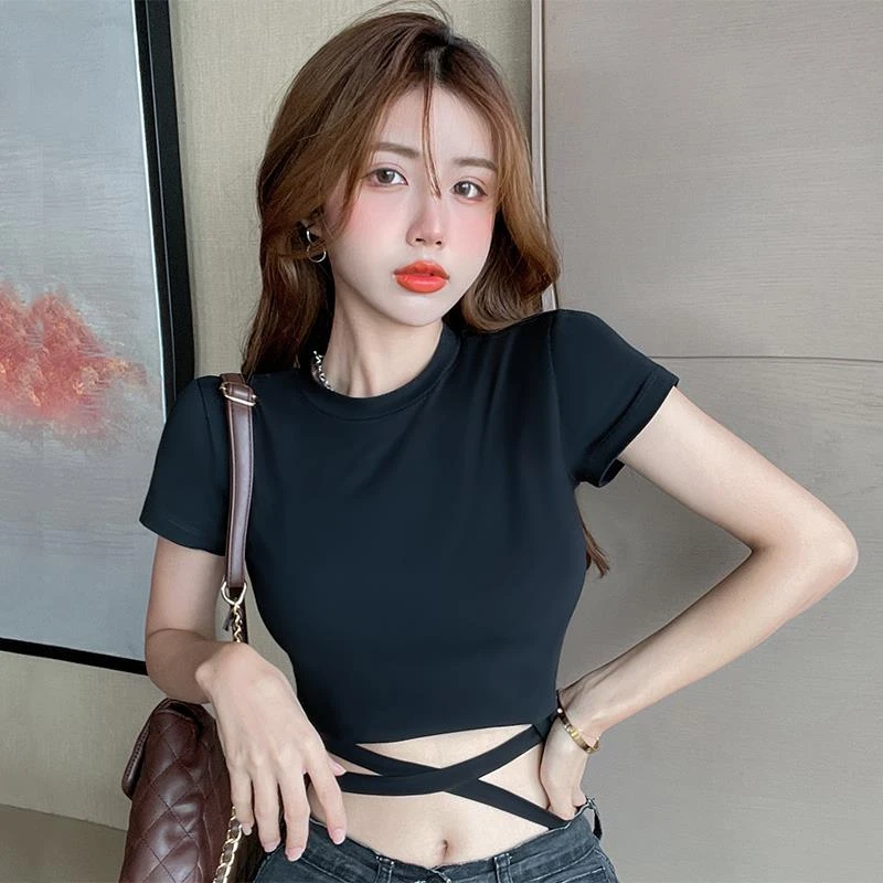 黑色绑带百搭短袖t恤女短款潮露脐设计感性感高腰显瘦上衣夏季