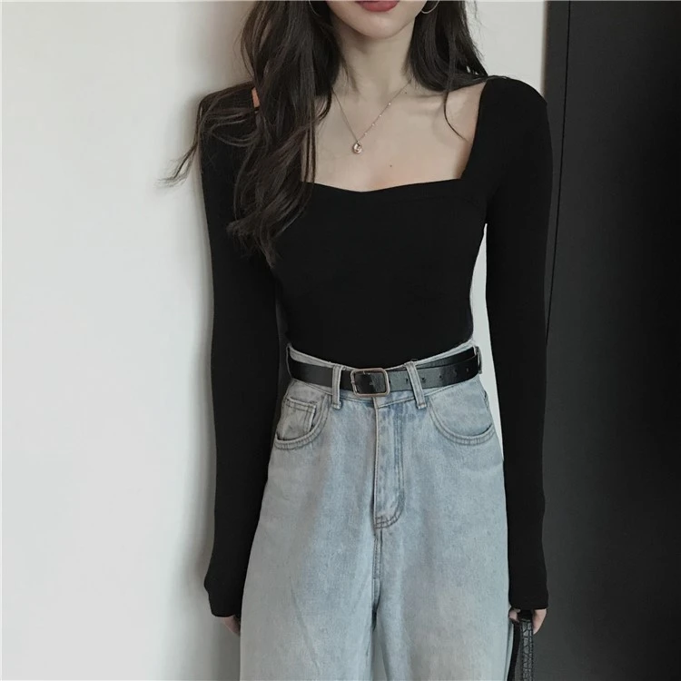 法式方领打底衫黑色长袖秋季螺纹棉上衣紧身纯欲洋气内搭t恤女装