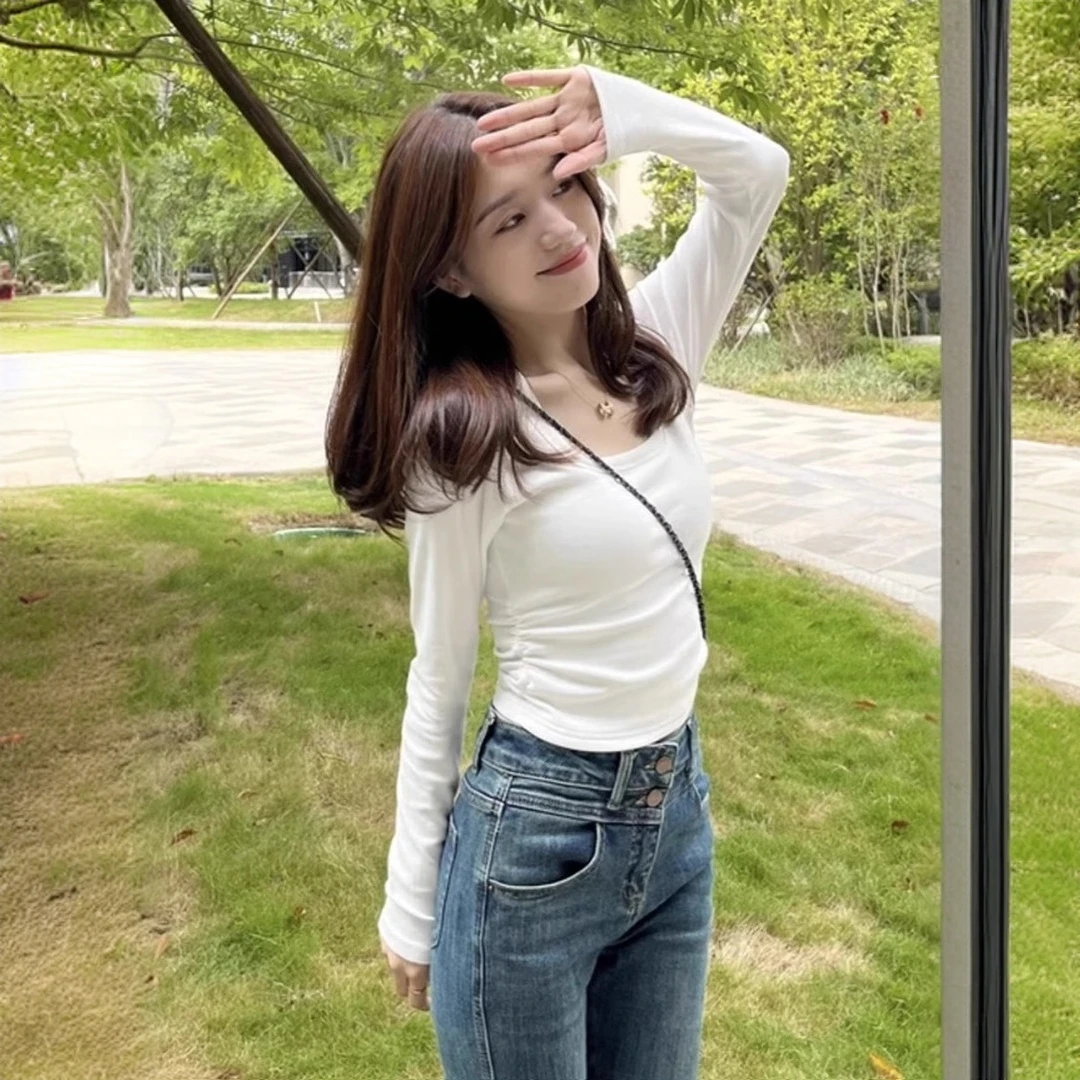 方领纯色长袖T恤女早秋新款百搭设计感小众修身显瘦褶皱洋气上衣