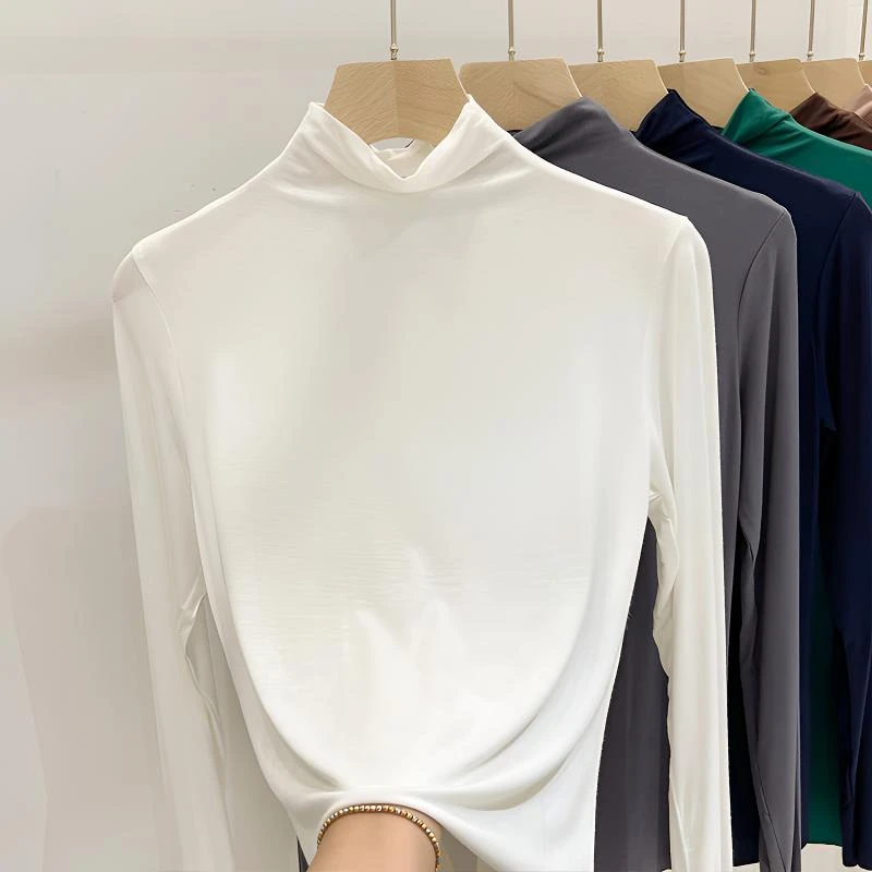 莫代尔半高领打底衫女秋冬薄款纯色修身洋气内搭上衣面膜长袖t恤
