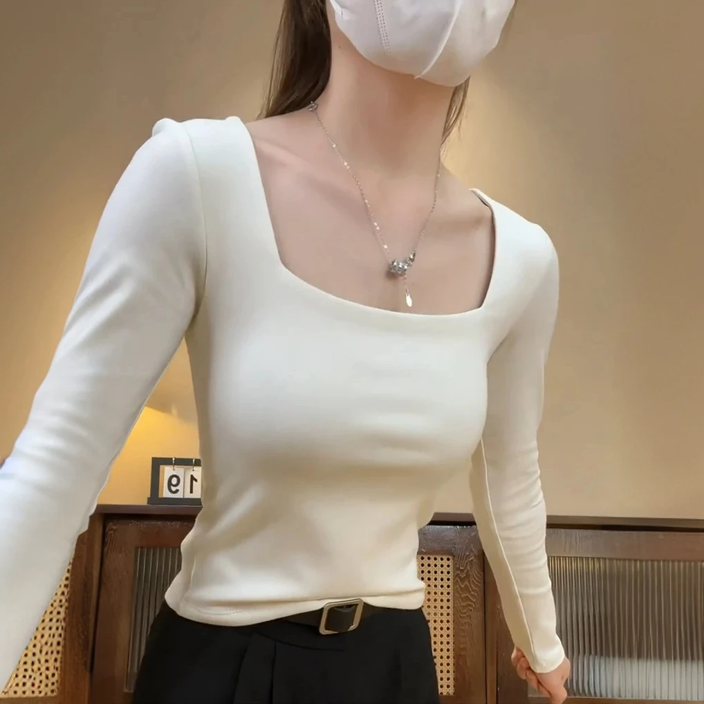 正肩方领长袖打底衫女内搭2024春秋季新款女装高品质洋气显瘦上衣