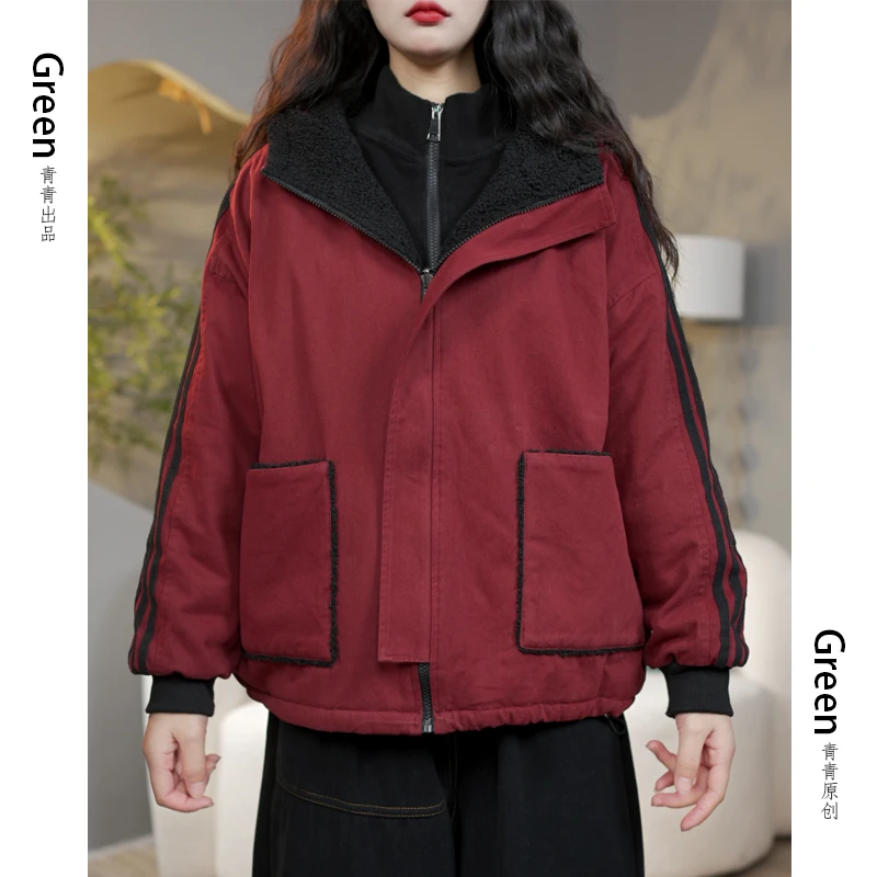 5343两面穿棉衣女冬季新款复合加绒加厚百搭宽松上衣棉服外套