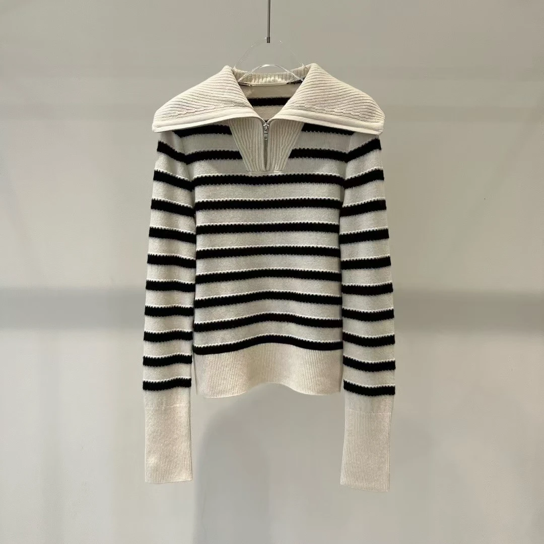 2024秋冬季新款休闲气质翻领条纹针织衫上衣女8039