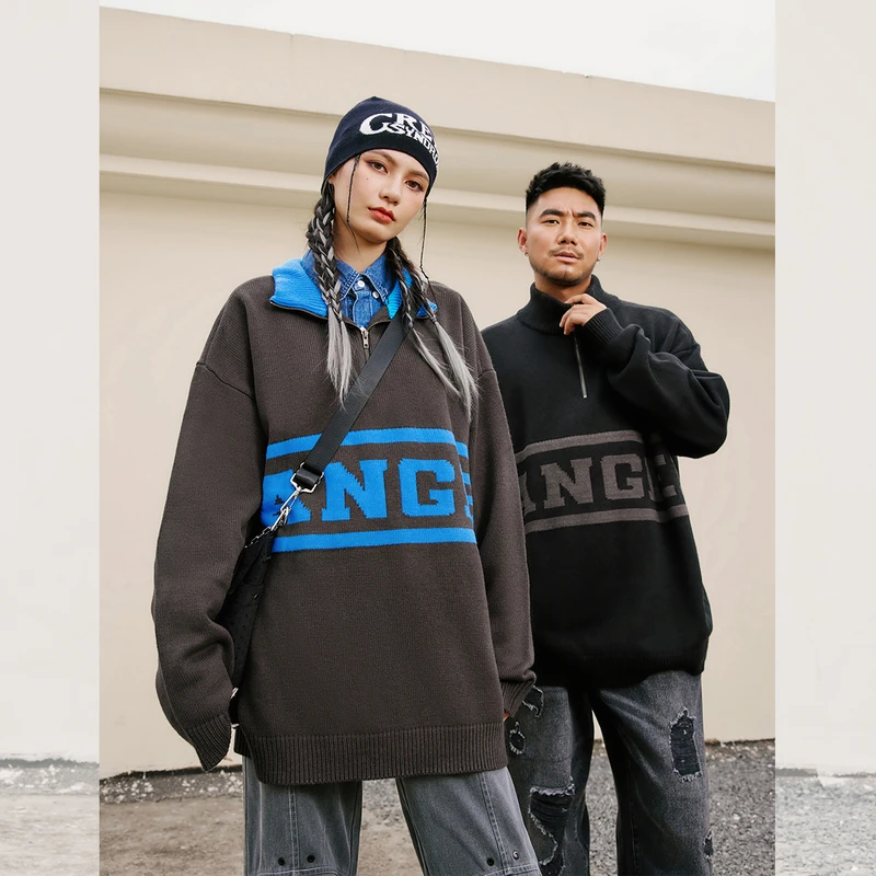 【撞色提花拉链毛衣】NMAX大码男装潮牌拉链立领撞色针织衫CNE004