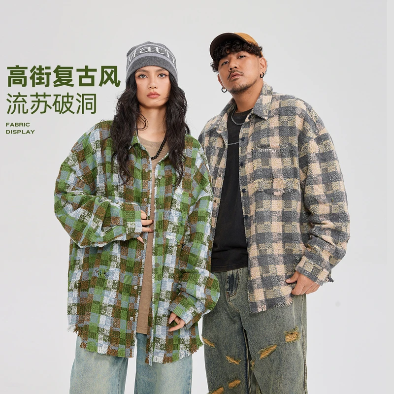 NMAX大码男装潮牌23年秋季新品破洞粗花格子衬衫式外套DNC018