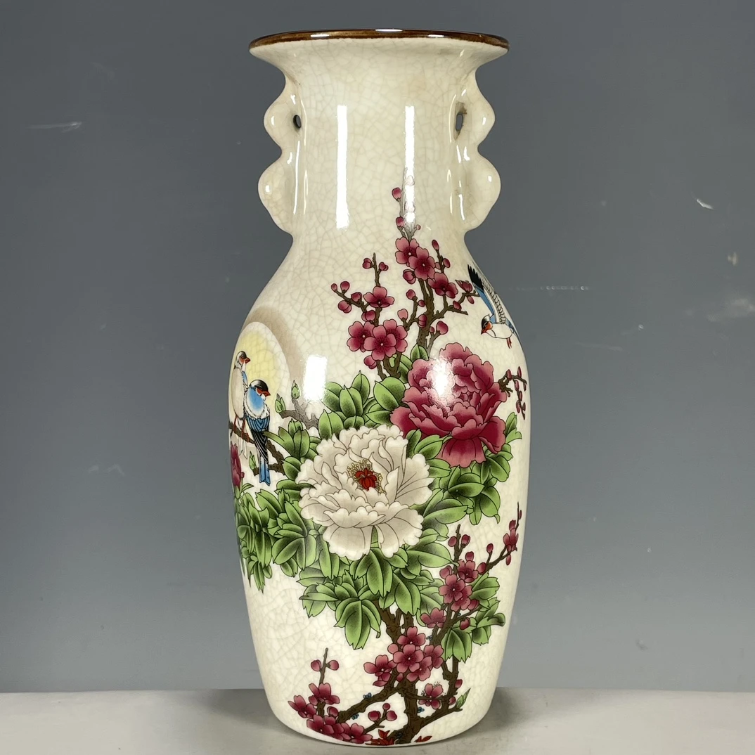 景德镇陶瓷粉彩开片五彩花鸟图赏瓶手工中式仿古家居客厅装饰摆件