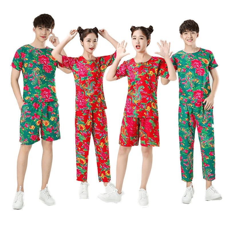 东北大花布衣服男女家居服搞怪伴郎服睡衣舞蹈服年会二人转表演服