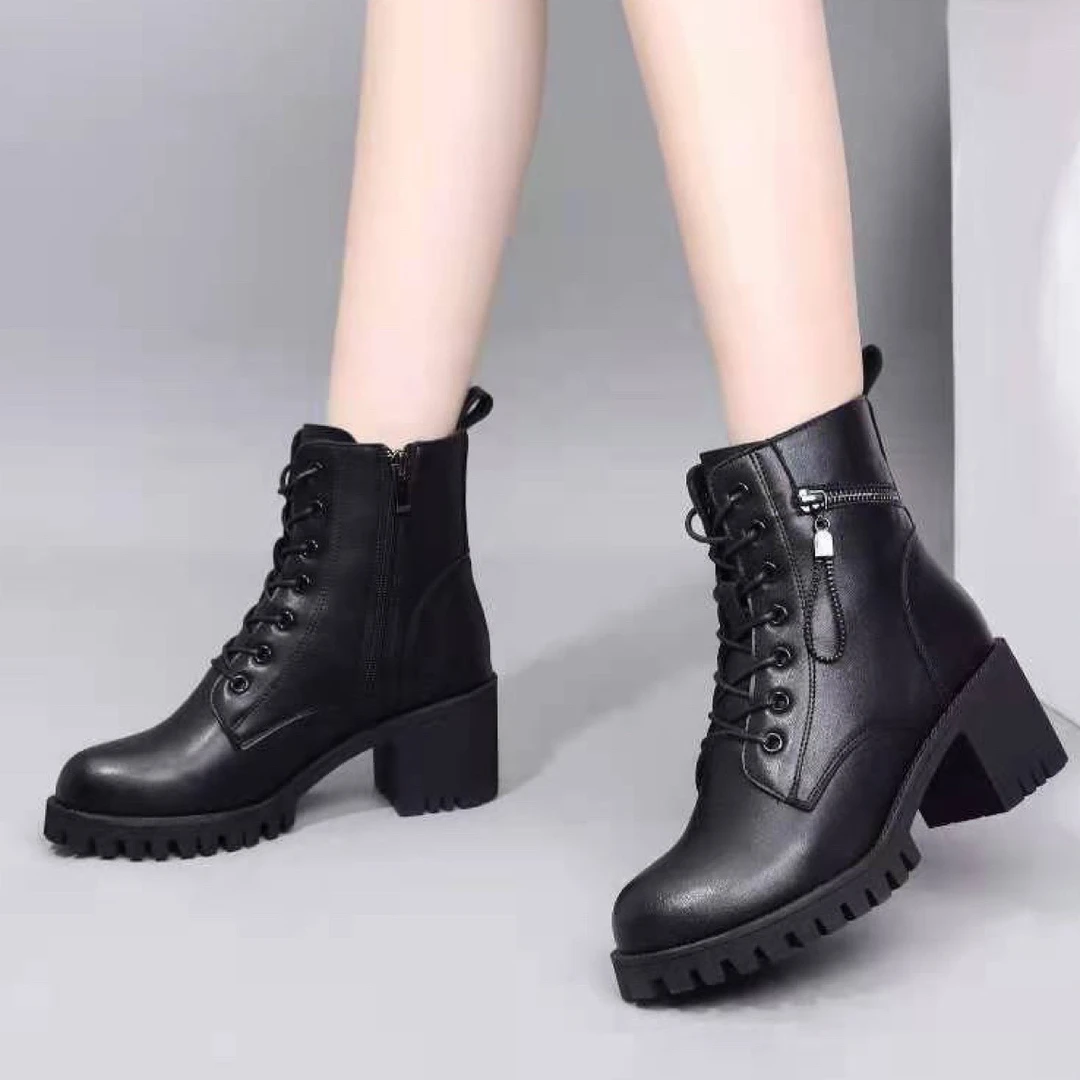 秋冬新款时尚百搭粗跟侧拉链中跟短靴