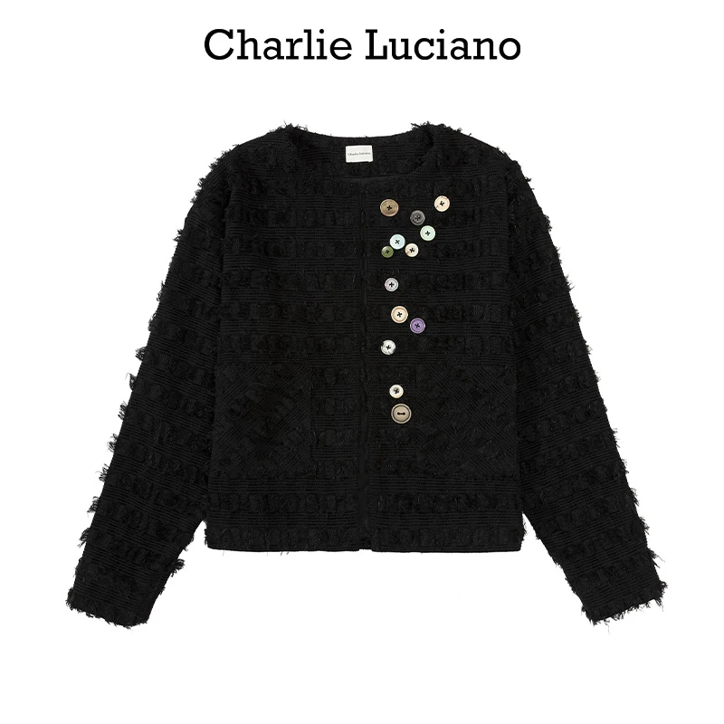Charlie Luciano彩扣粗花呢无领夹克设计感小香风cl外套女