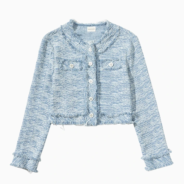 Charlie Luciano标识刺绣牛仔短款夹克春秋新款女士毛呢小香外套