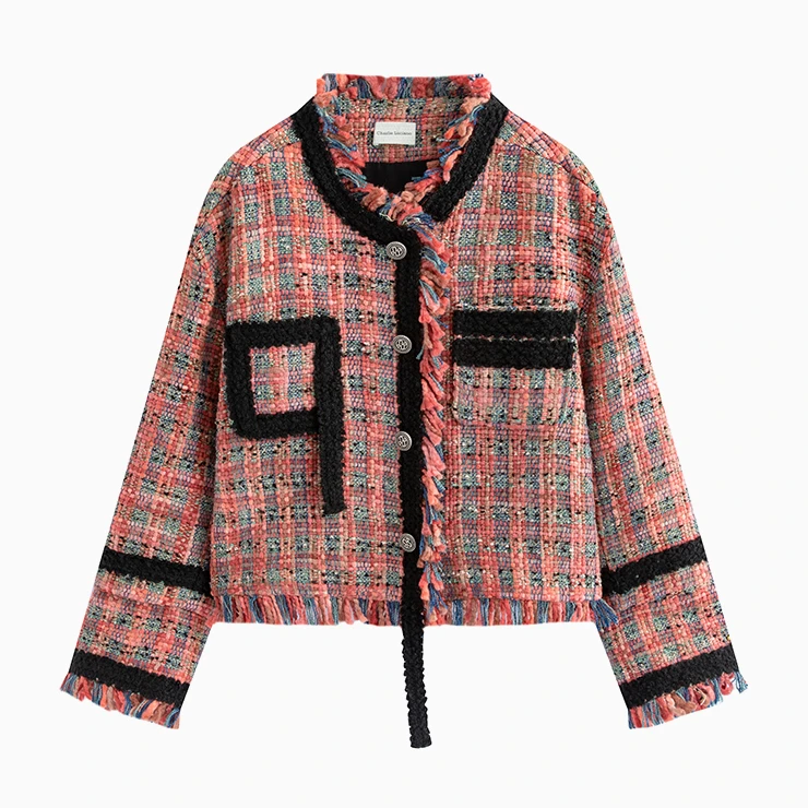 Charlie Luciano新款小香风外套女气质针织格子短款休闲复古