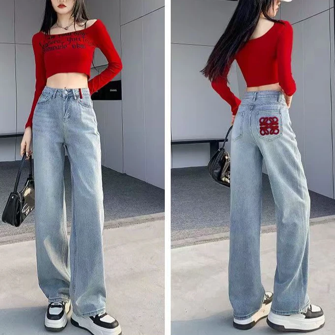 BEIBEI拼色刺绣直筒牛仔裤女显瘦高腰百搭春夏牛仔裤.8558.Q.S