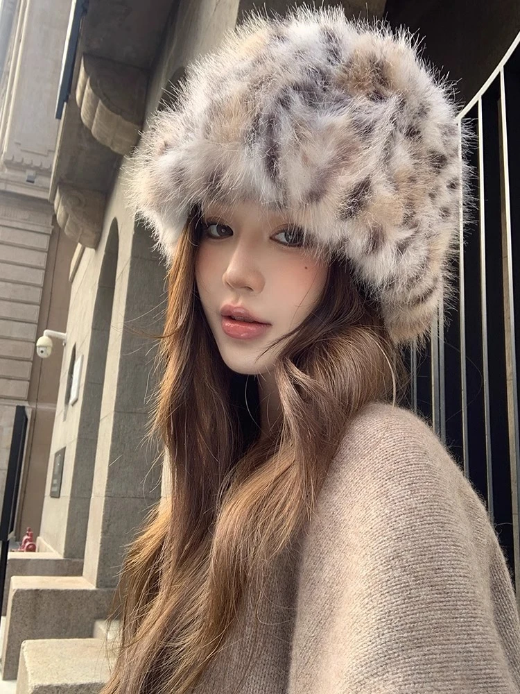 不冷BULENG 秋冬ins博主毛绒豹纹渔夫帽子女保暖水桶盆帽显脸小