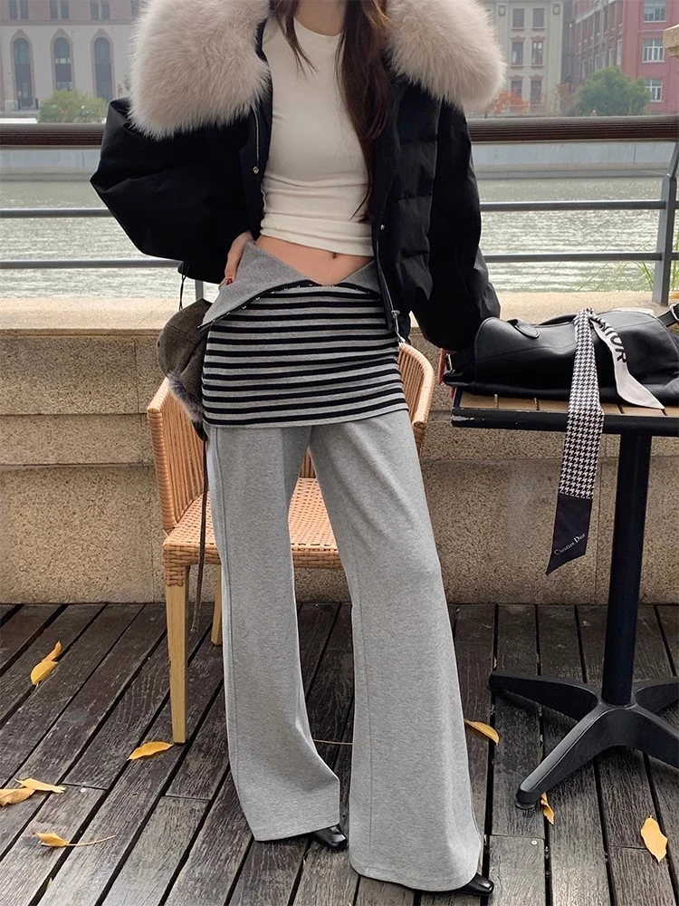 不冷BULENG  秋冬新款  可调节翻腰灰色阔腿条纹裙摆廓形长卫裤女