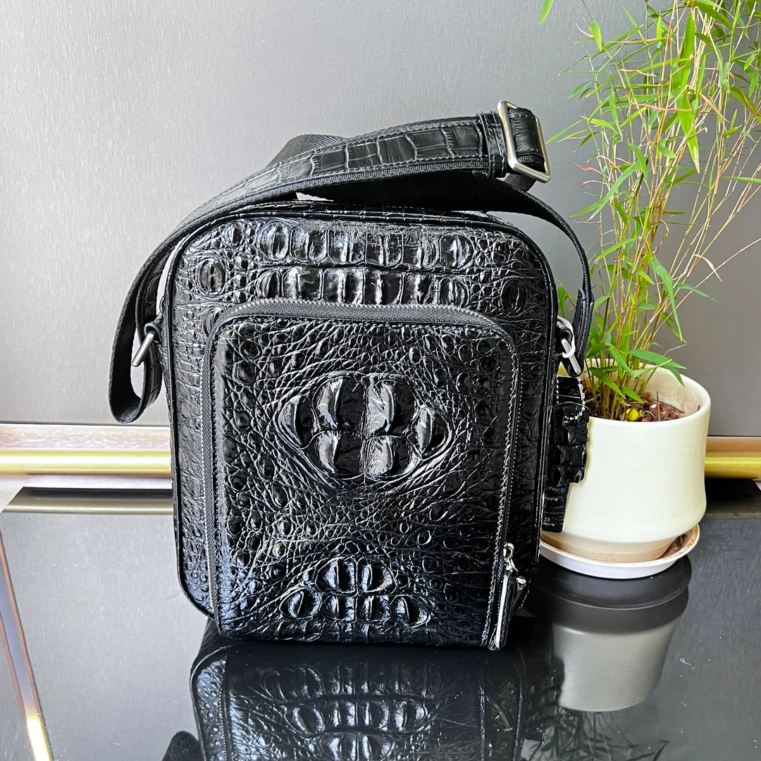 帝之咢休闲鳄鱼皮男士单肩斜挎包男款黑色日字包前置口袋真皮潮流