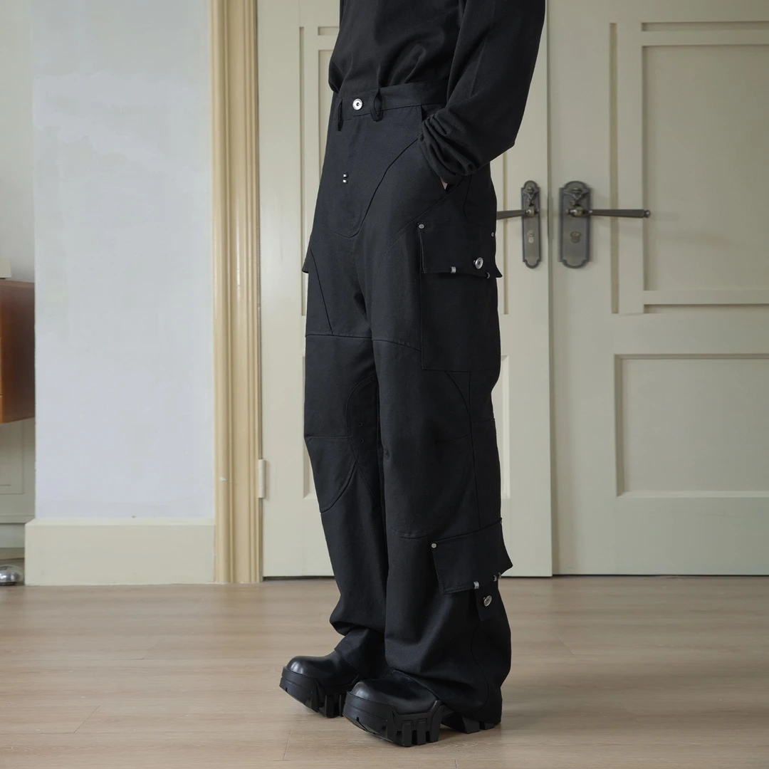 VATROMET 24AW黑色立裁宽松直筒大口袋休闲工装裤