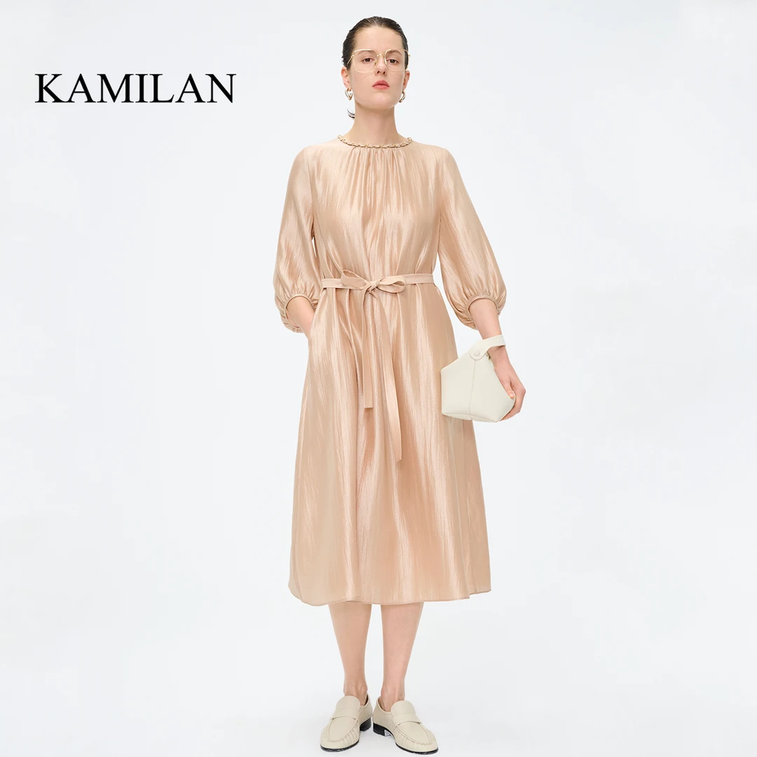 卡米兰气质灯笼袖连衣裙女2024春夏新款宽松中长款七分袖A字裙