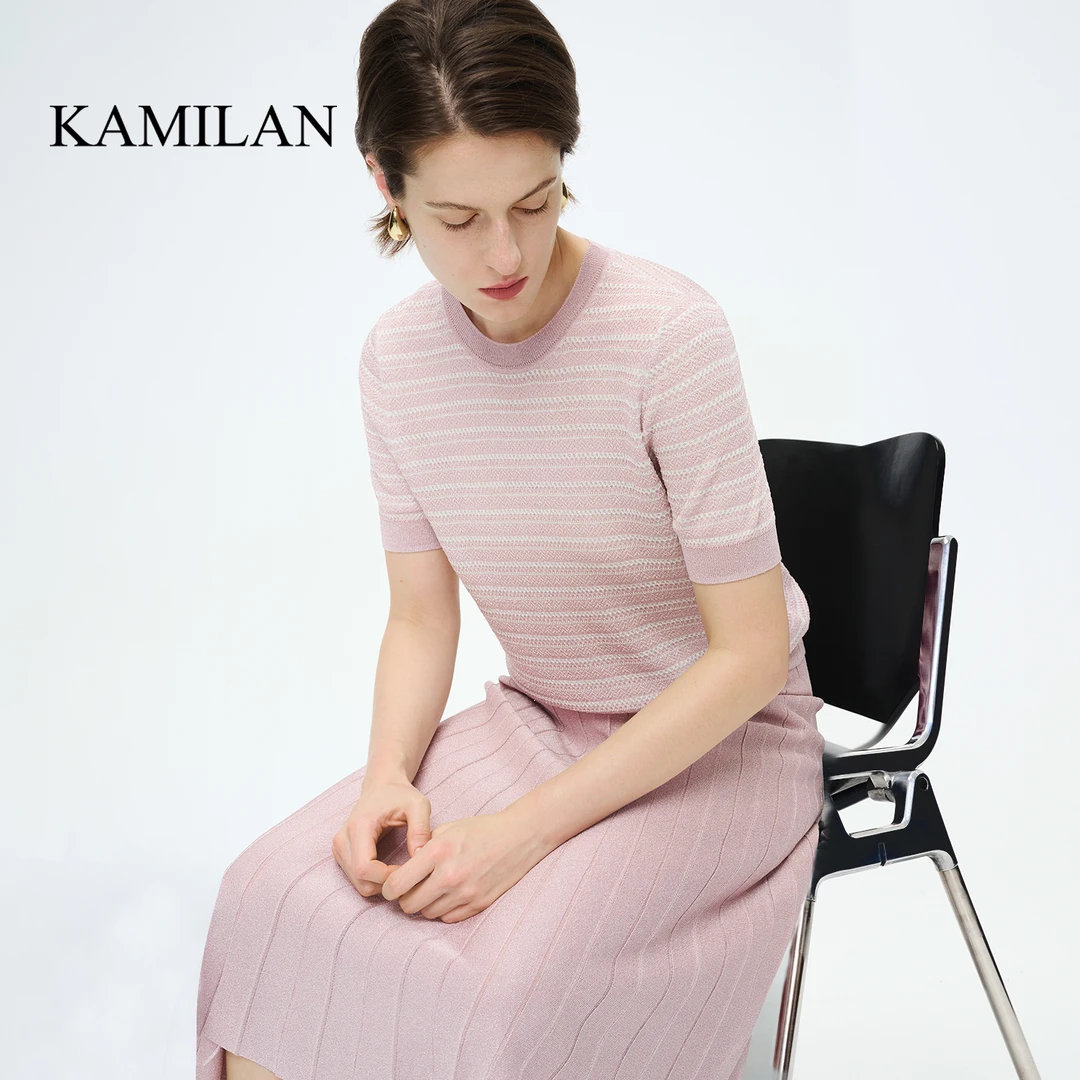 卡米兰气质百搭短袖针织衫女2024春夏新款时尚套头针织T恤上衣