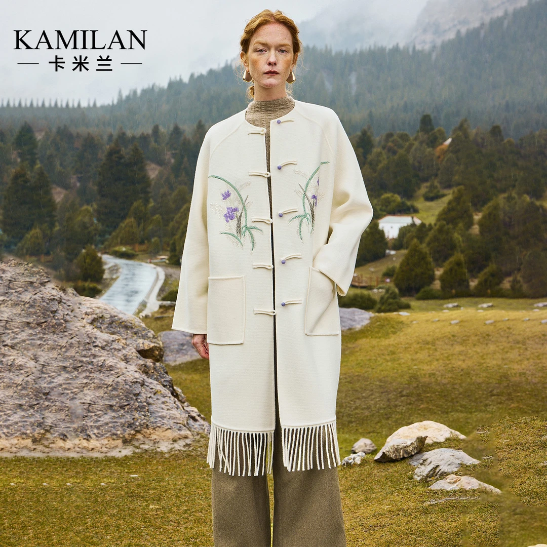 [羊毛]卡米兰新中式复古羊毛大衣女2024秋冬新款中长款双面呢外套